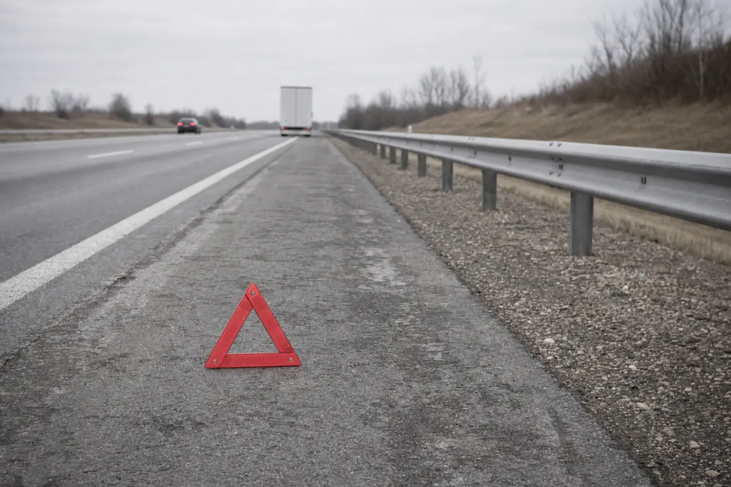 Red warning triangle on a highway shoulder beside a guardrail with traffic and a trailer in the distance