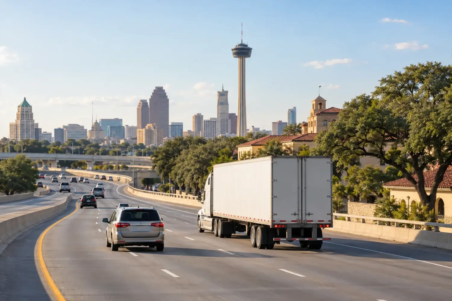 Tractor-trailer and cars on a San Antonio loop freeway with the Tower of the Americas and downtown skyline