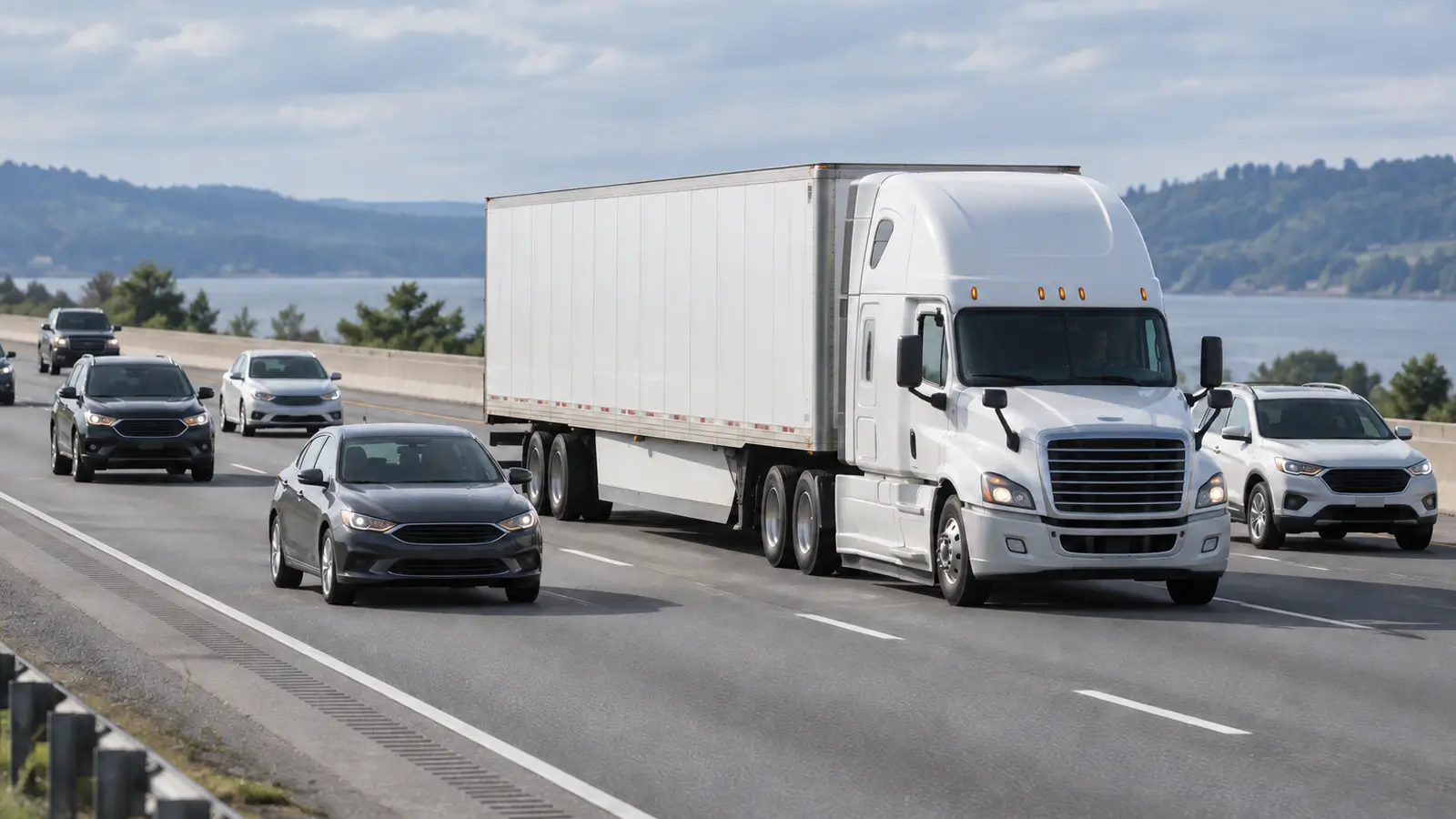 Semi-truck traveling beside passenger cars on a divided highway.