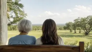 An older woman and her adult daughter sit side by side on a porch bench, looking out over a Texas field.