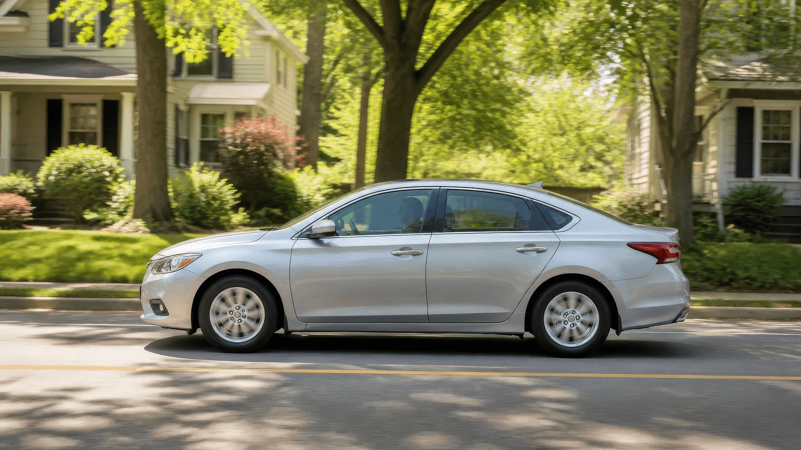 A silver sedan drives along a sunlit, tree-lined residential street, seen from the side.